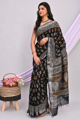 ROYAL BLACK HANDBLOCK PRINTEDLINEN SAREE
