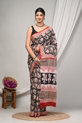 BLACK & RUST RED FLORAL COTTON SAREE WITH ETHNIC MOTIFS