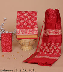 MAHESHWARI SILK SUIT – ELEGANT CRIMSON RED WITH INTRICATE ZARI ACCENTS