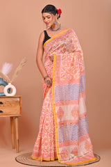 PASTEL PEACH & PINK CHANDERI SILK SAREE WITH MUGHAL FLORAL & WAVE