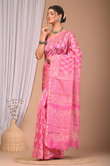 CHARMING PINK CHANDERI COTTON SAREE WITH CREAM HANDBLOCK PRINT
