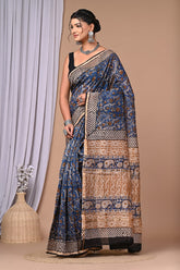 GRACEFUL BLUE & BEIGE FLORAL HANDBLOCK PRINTED CHANDERI SAREE