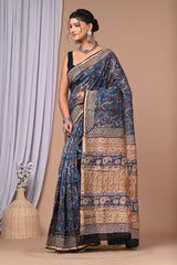 GRACEFUL BLUE & BEIGE FLORAL HANDBLOCK PRINTED CHANDERI SAREE