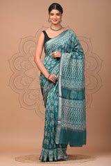 TEAL GREEN MAHESHWARI HANDWOVEN SILK COTTON SAREE WITH WHITE BLOCK PRINT