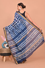 INDIGO BLUE & WHITE SHIBORI CHANDERI SAREE WITH GOLD ZARI BORDER