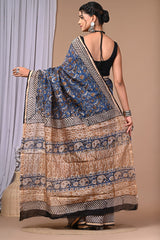 GRACEFUL BLUE & BEIGE FLORAL HANDBLOCK PRINTED CHANDERI SAREE