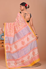 PASTEL PEACH & PINK CHANDERI SILK SAREE WITH MUGHAL FLORAL & WAVE