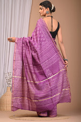 ROYAL PURPLE CHANDERI SILK SAREE WITH WHITE HANDBLOCK PRINT AND ZARI BORDER