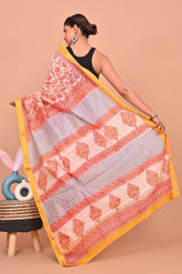 ELEVATE YOUR ETHNIC CHARM WITH THIS GRACEFUL MAHESHWARI HANDWOVEN SAREE – PEACH & YELLOW DELIGHT