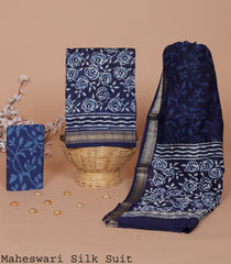 MAHESWARI SILK SUIT - ELEGANT INDIGO HANDBLOCK PRINT