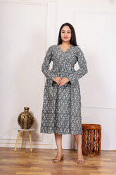 ELEGANT GREY PRINTED LONG DRESS