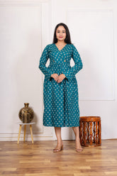 TEAL BLUE FLORAL PRINTED LONG DRESS