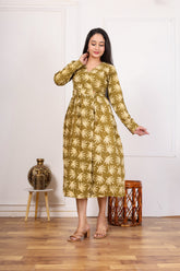CHARMING OLIVE GREEN LEAF PRINT DRESS – EFFORTLESSLY STYLISH