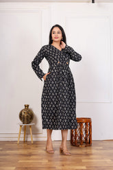 BLACK FLORAL PRINT V-NECK A-LINE DRESS WITH WAIST TIE