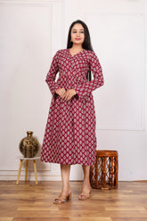 MAROON HAND BLOCK PRINTED COTTON A-LINE KURTA