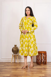 YELLOW FLORAL HAND BLOCK PRINTED COTTON A-LINE KURTA
