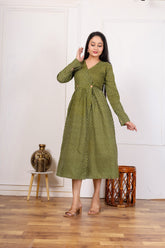 OLIVE GREEN PRINTED MIDI DRESS