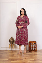 MAROON FLORAL PRINTED MIDI DRESS
