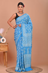 ELEGANT SKY BLUE HANDBLOCK PRINTED COTTON SAREE