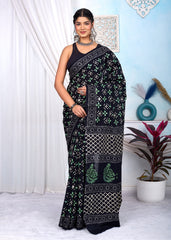 ELEGANT BLACK & GREEN HANDBLOCK PRINTED COTTON SAREE