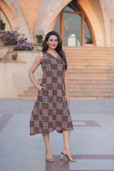Women's Maroon & Beige Block Print Knee-Length One-Piece