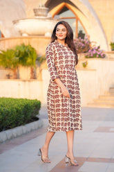 Jaipuri Elephant Block Print Cotton One-Piece Dress with Collar