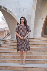 Women's Black & Beige Block Print Top & Skirt Set