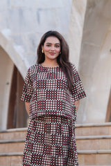 Women's Black & Beige Block Print Top & Skirt Set