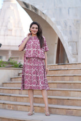 Women's Mauve & Beige Jaipuri Floral Top & Skirt Set