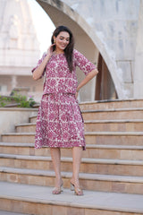 Women's Mauve & Beige Jaipuri Floral Top & Skirt Set