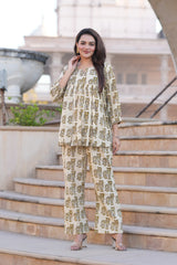 Contemporary Animal Motif Printed 2-Piece Co-ord Set | Comfort-Fit V-Neck Top & Straight Pants