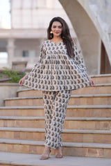 Earthy Beige Traditional Printed 2-Piece Co-ord Set | Comfort-Fit V-Neck Top & Straight Pants