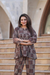Black & Maroon Checked Geometric 2-Piece Co-ord Set | Comfort-Fit V-Neck Top & Straight Pants