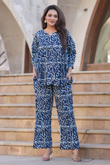 Indigo Paisley Printed 2-Piece Co-ord Set | Comfort-Fit V-Neck Top & Straight Pants