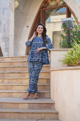 Indigo Paisley Printed 2-Piece Co-ord Set | Comfort-Fit V-Neck Top & Straight Pants