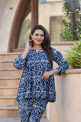 Indigo Paisley Printed 2-Piece Co-ord Set | Comfort-Fit V-Neck Top & Straight Pants