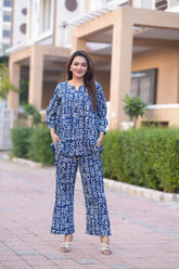 Navy Blue Printed 2-Piece Co-ord Set | Comfort-Fit V-Neck Top & Straight Pants