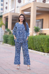 Navy Blue Printed 2-Piece Co-ord Set | Comfort-Fit V-Neck Top & Straight Pants