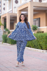 Navy Blue Printed 2-Piece Co-ord Set | Comfort-Fit V-Neck Top & Straight Pants