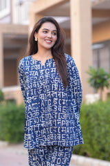Navy Blue Printed 2-Piece Co-ord Set | Comfort-Fit V-Neck Top & Straight Pants