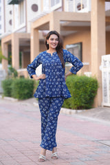 Beautiful Indigo Blue Floral Block Print Co-ord Set for Women - Tunic Top and Trouser Set