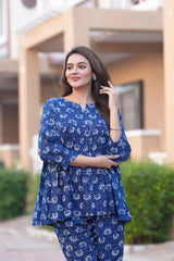 Beautiful Indigo Blue Floral Block Print Co-ord Set for Women - Tunic Top and Trouser Set