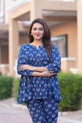 Beautiful Indigo Blue Floral Block Print Co-ord Set for Women - Tunic Top and Trouser Set
