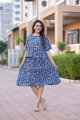 Casual Two-Piece Indigo Skirt Set with Half Sleeves Top