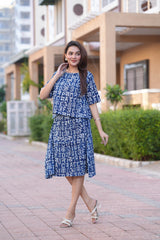 Casual Two-Piece Indigo Skirt Set with Half Sleeves Top