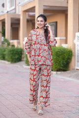 Elegant Rust & Beige Leafy Block Print Co-ord Set