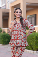 Elegant Rust & Beige Leafy Block Print Co-ord Set