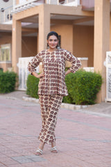 Women's Ethnic Jaipuri Elephant Block Print Co-ord Set - Flared Short Kurti with Trousers