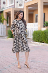 Women's Black & Beige Hand-Block Style Top & Skirt Set
