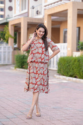 Women's Brick Red & Beige Hand-Block Style Top & Skirt Set